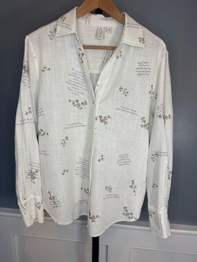 Joie Rumi Poetry Blouse Linen Blend Floral Script Romantic Cottagecore Top L